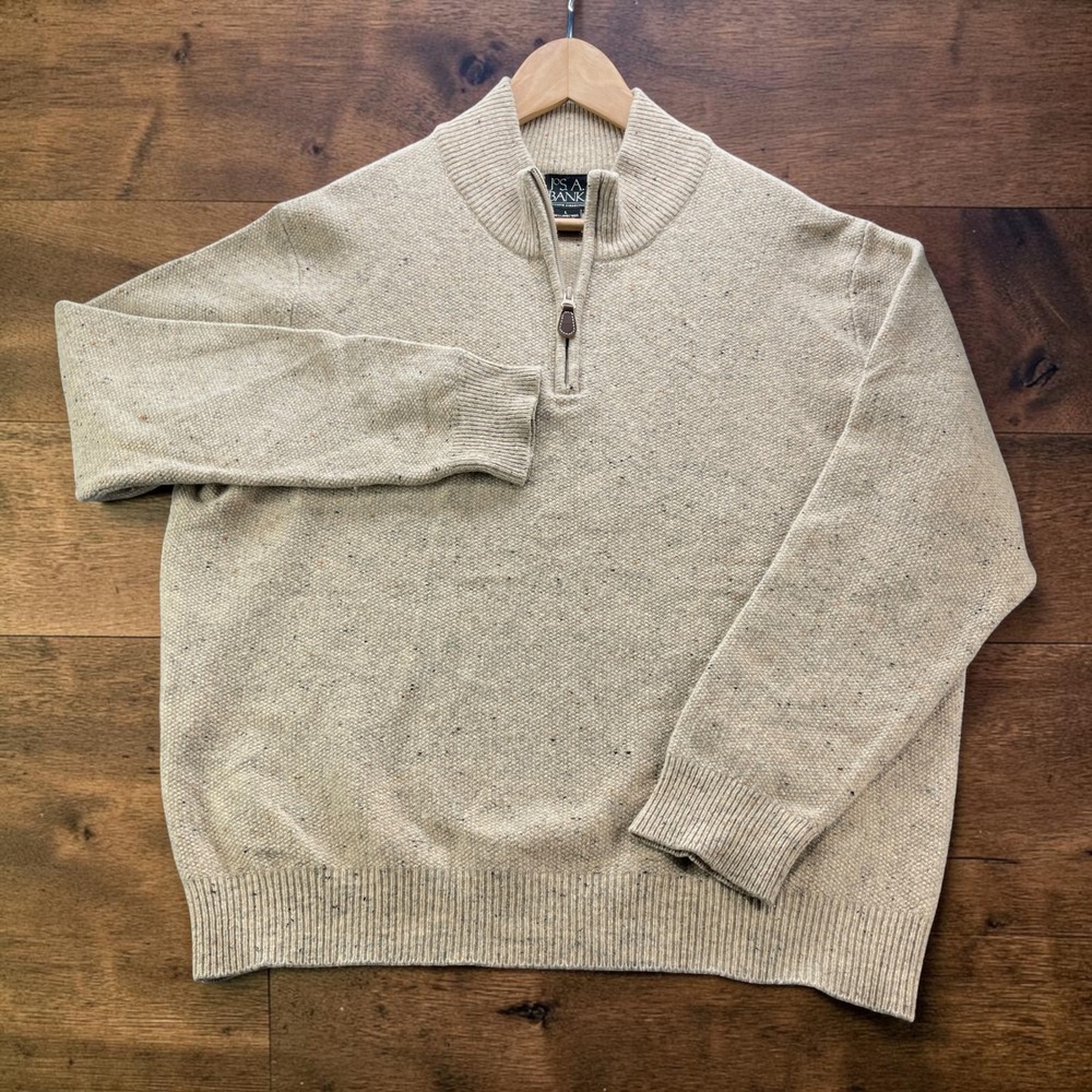Jos A Bank Executive Collection Lambswool Donegal Quarter Zip Sweater Oatmeal L